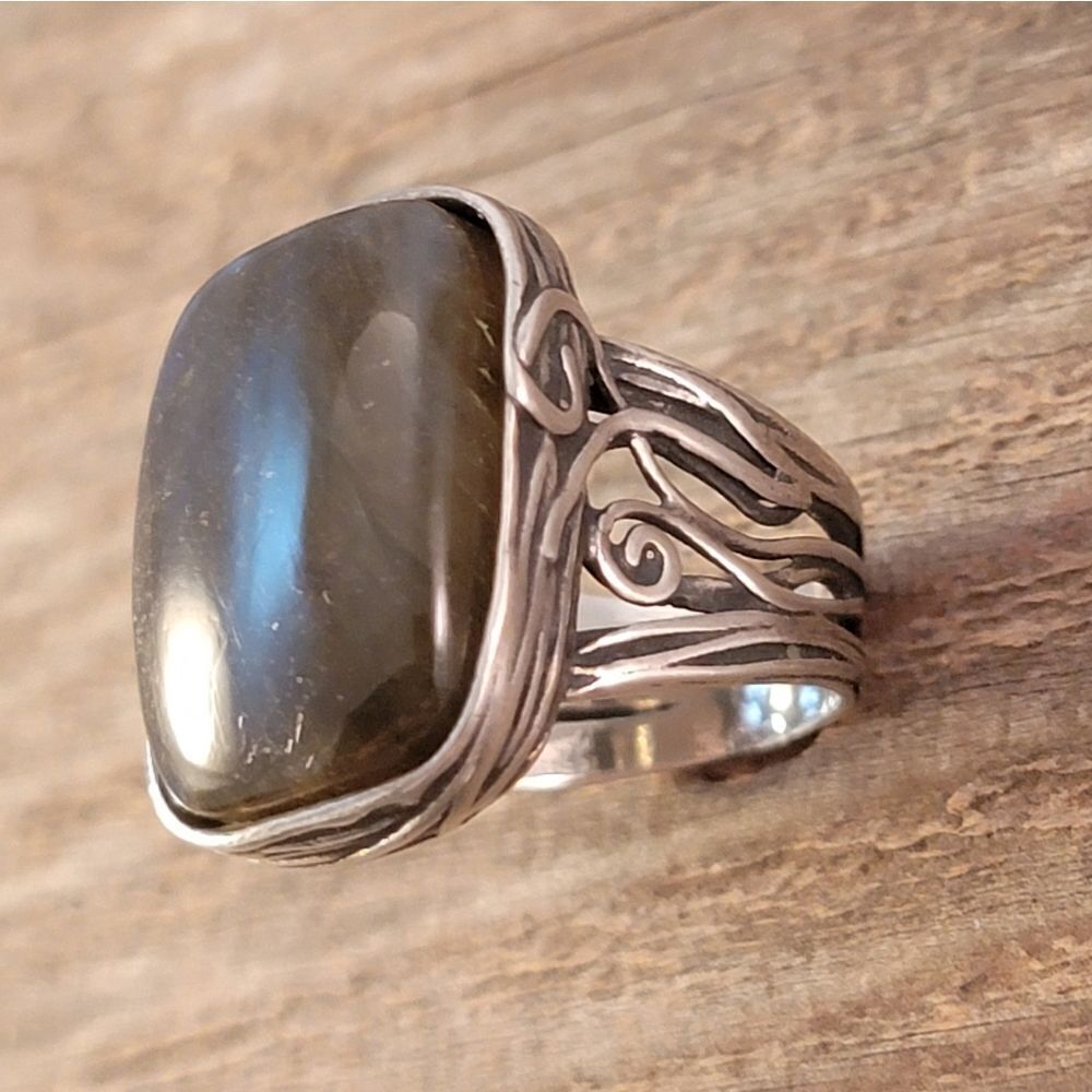 Sterling Paz Israel Labradorite Rextangle Bezel Set Organic Swirl Statement Ring - Picture 7 of 14